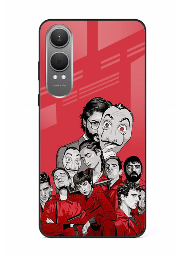 Red masked crew artwork printed on glossy tempered glass OnePlus Nord CE4 Lite back cover