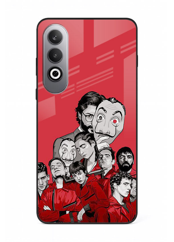 Red masked crew artwork printed on glossy tempered glass OnePlus Nord CE4 back cover