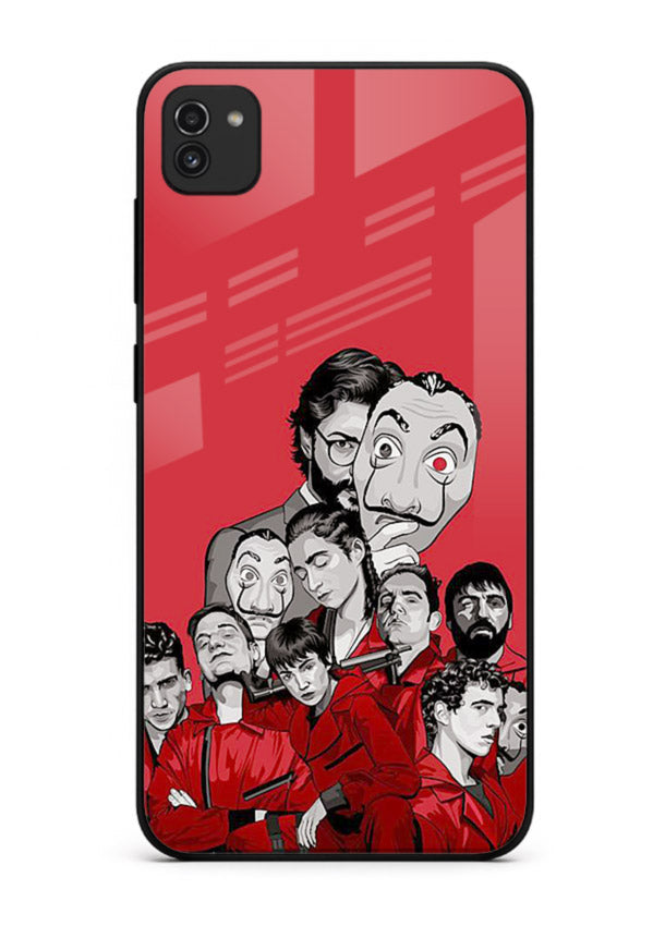 Red masked crew artwork printed on glossy tempered glass Samsung A03 back cover