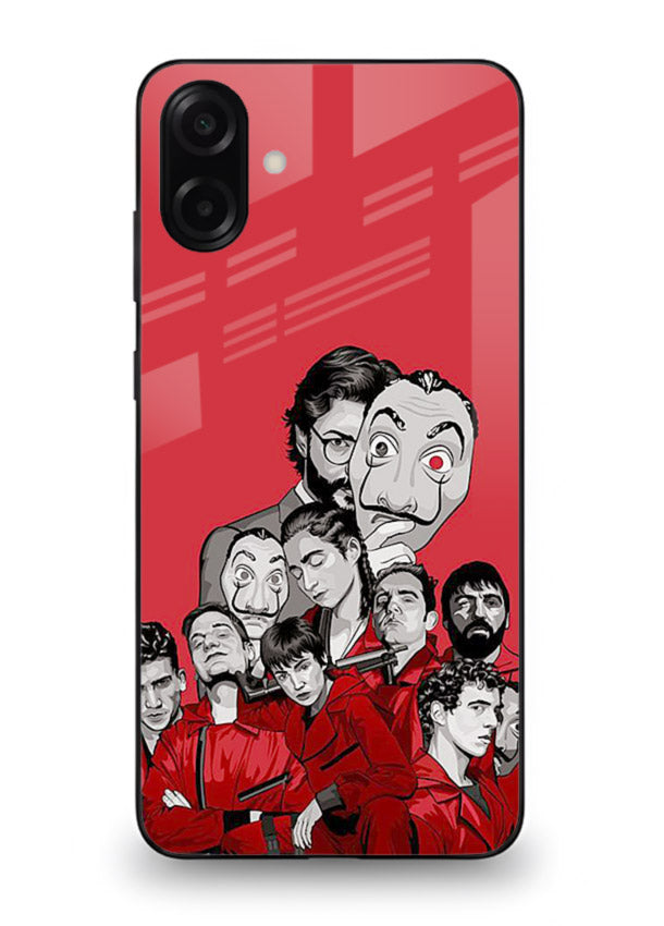 Red masked crew artwork printed on glossy tempered glass Samsung A06 5G back cover