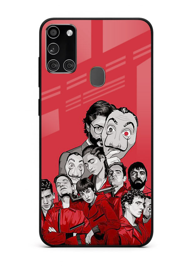 Red masked crew artwork printed on glossy tempered glass Samsung A21s back cover