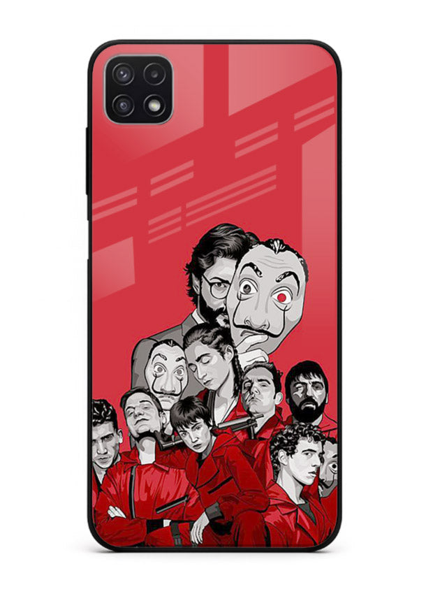 Red masked crew artwork printed on glossy tempered glass Samsung A22 5G back cover