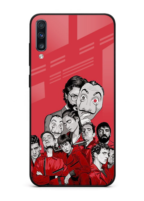 Red masked crew artwork printed on glossy tempered glass Samsung A50 back cover