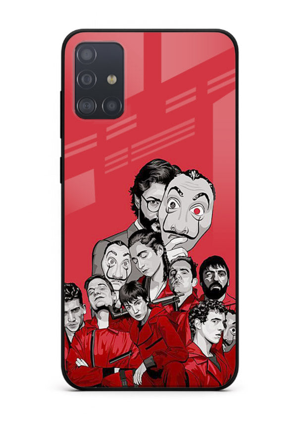 Red masked crew artwork printed on glossy tempered glass Samsung A51 back cover