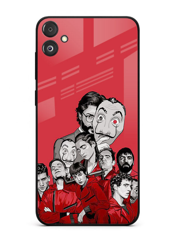Red masked crew artwork printed on glossy tempered glass Samsung F05 5G back cover
