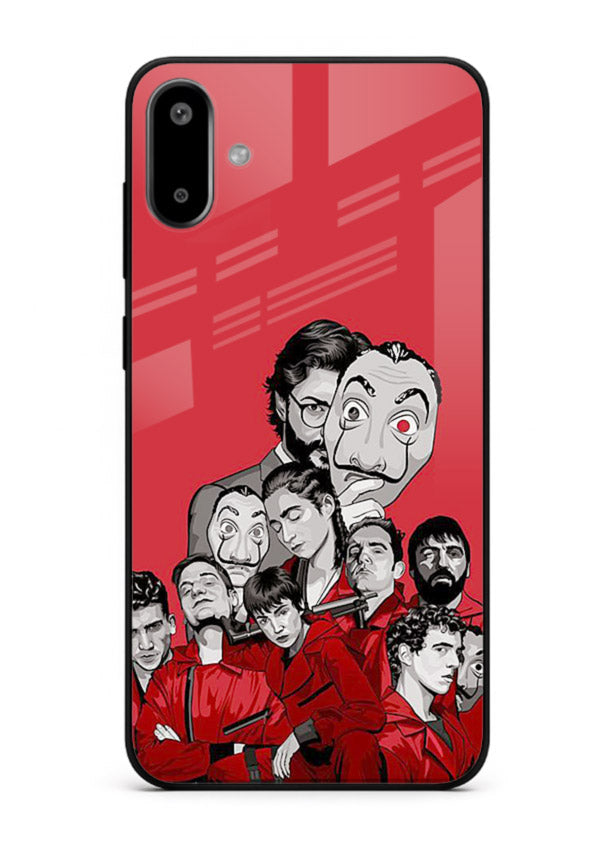 Red masked crew artwork printed on glossy tempered glass Samsung F06 5G back cover