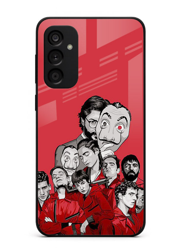 Red masked crew artwork printed on glossy tempered glass Samsung F34 5G back cover