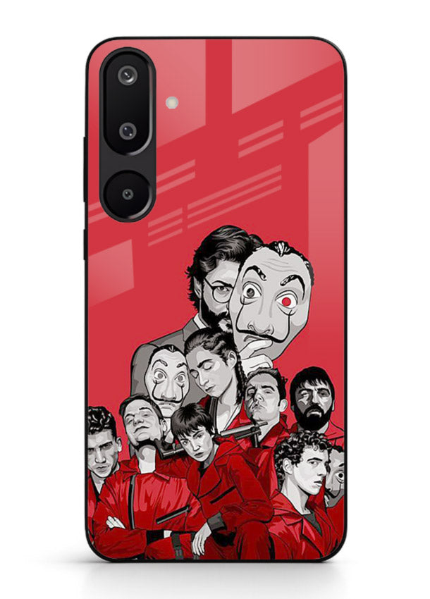 Red masked crew artwork printed on glossy tempered glass Samsung M16 5G back cover