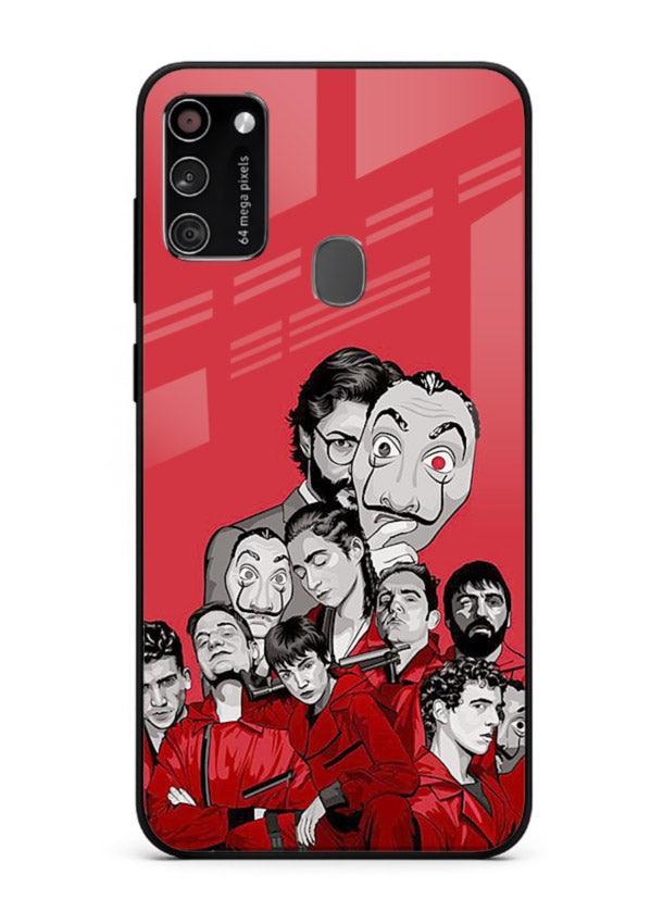 Red masked crew artwork printed on glossy tempered glass Samsung M21 back cover
