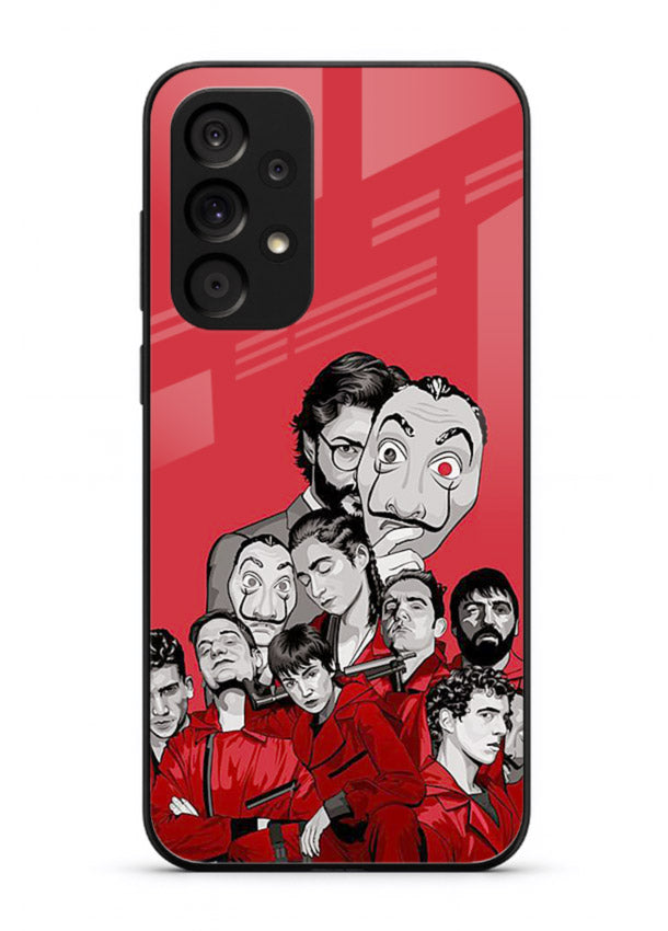 Red masked crew artwork printed on glossy tempered glass Samsung A33 5G back cover