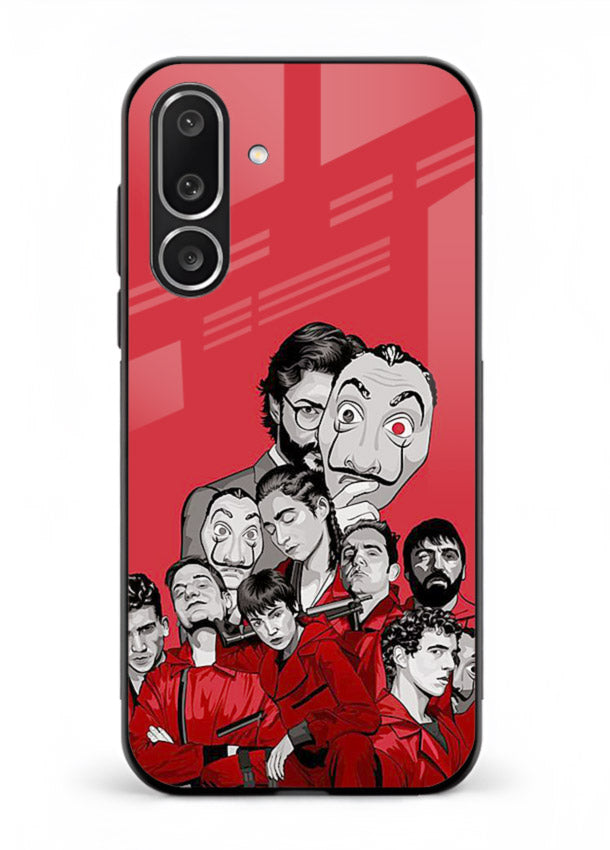 Red masked crew artwork printed on glossy tempered glass Samsung F56 5G back cover
