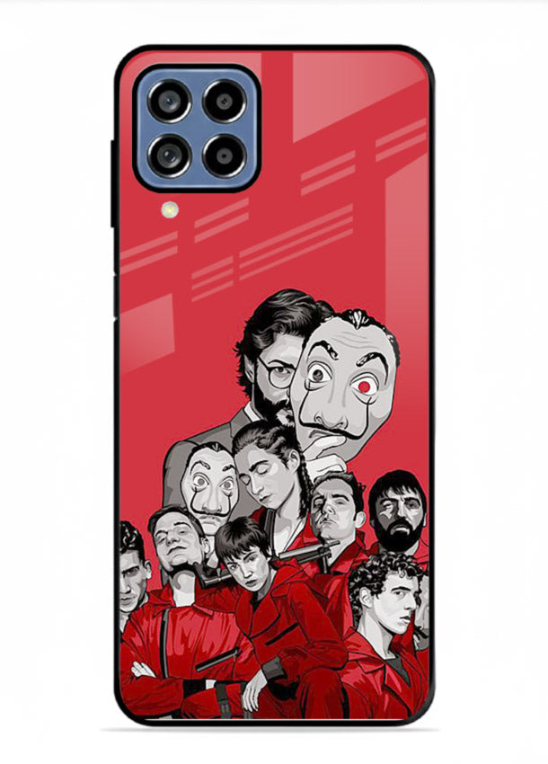 Red masked crew artwork printed on glossy tempered glass Samsung F22 4G back cover