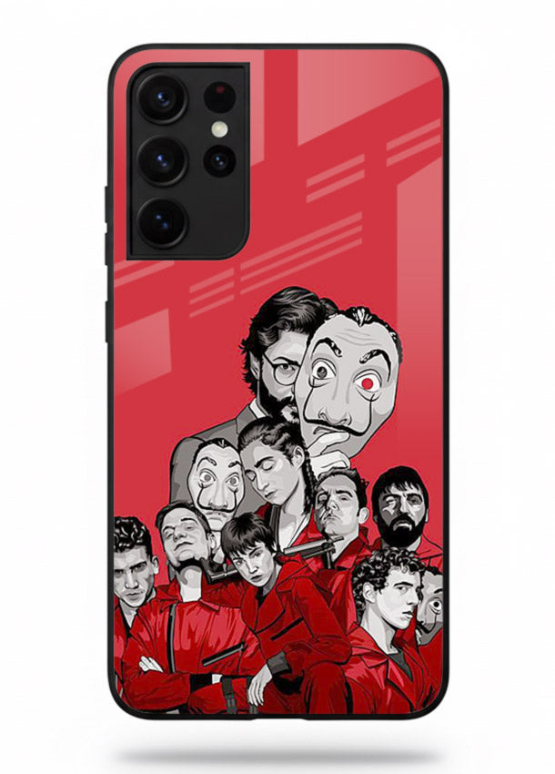 Red masked crew artwork printed on glossy tempered glass Samsung S21 Ultra back cover