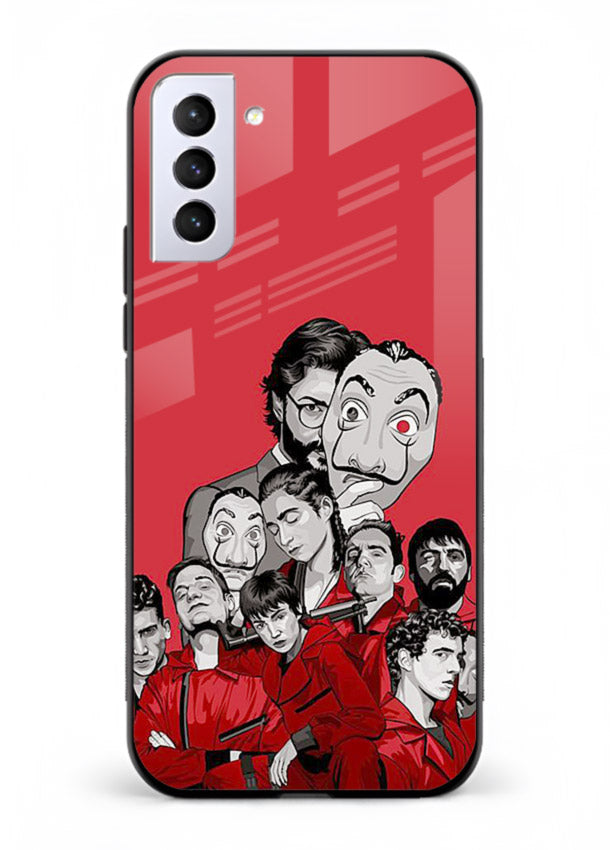 Red masked crew artwork printed on glossy tempered glass Samsung S21 FE back cover