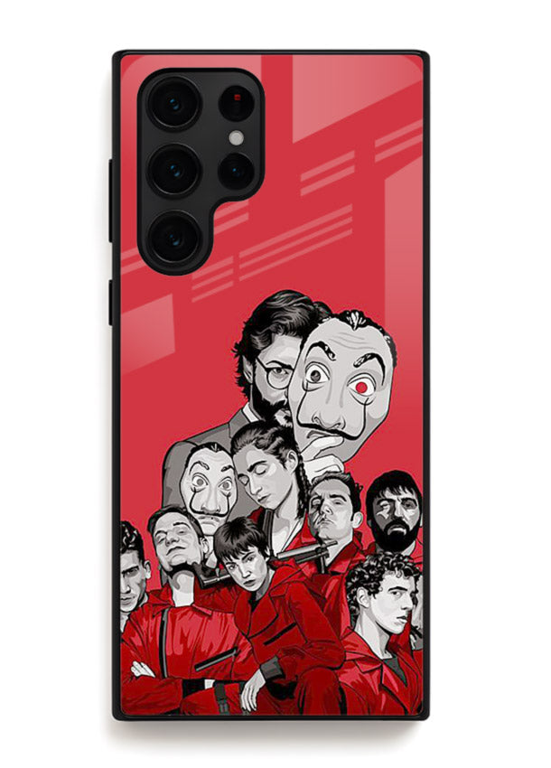 Red masked crew artwork printed on glossy tempered glass Samsung S23 Ultra back cover