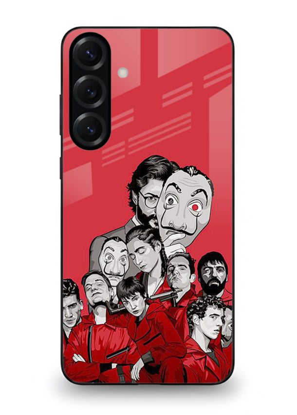 Red masked crew artwork printed on glossy tempered glass Samsung A16 5G back cover