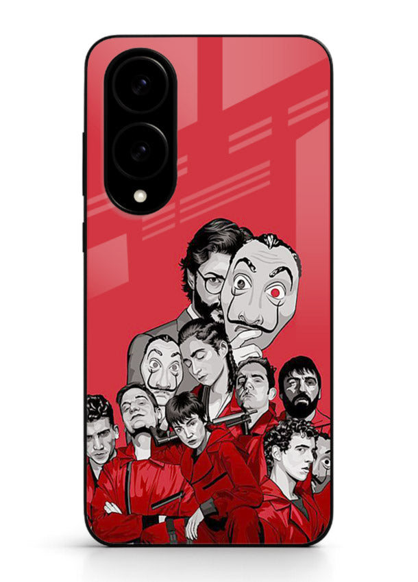 Red masked crew artwork printed on glossy tempered glass Samsung S25 Edge back cover