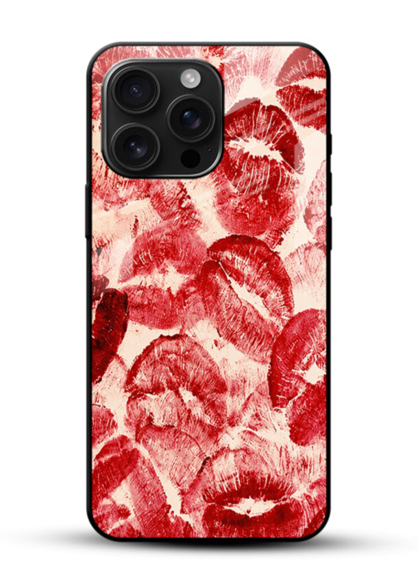 Red Lip Prints glass back cover with repeating lipstick kiss pattern design - 1