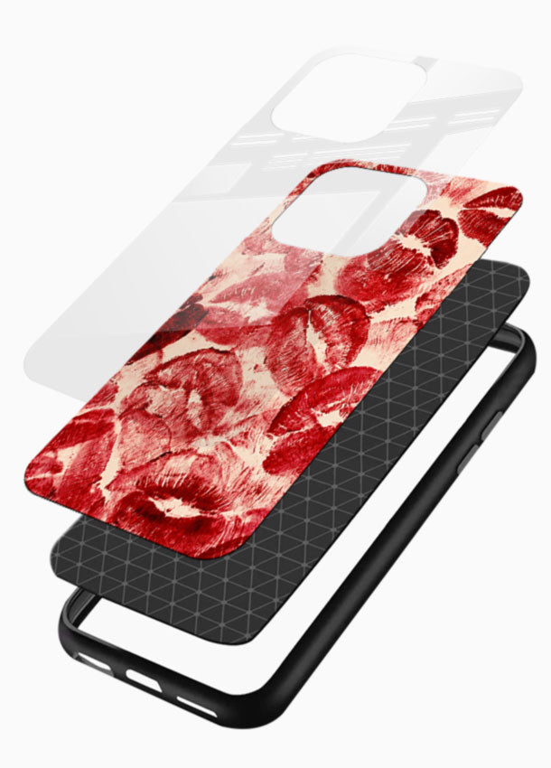 Red Lip Prints glass back cover with repeating lipstick kiss pattern design - 3