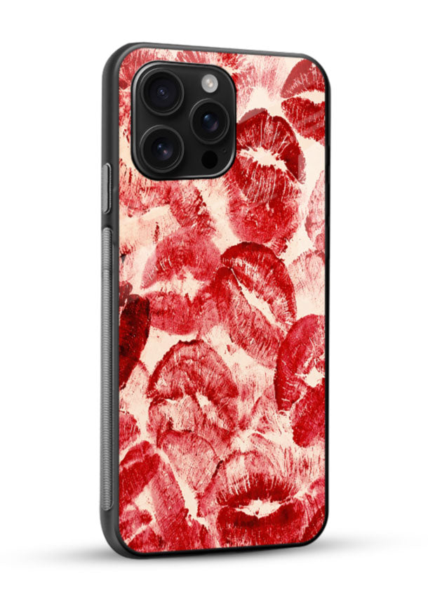 Red Lip Prints glass back cover with repeating lipstick kiss pattern design - 2
