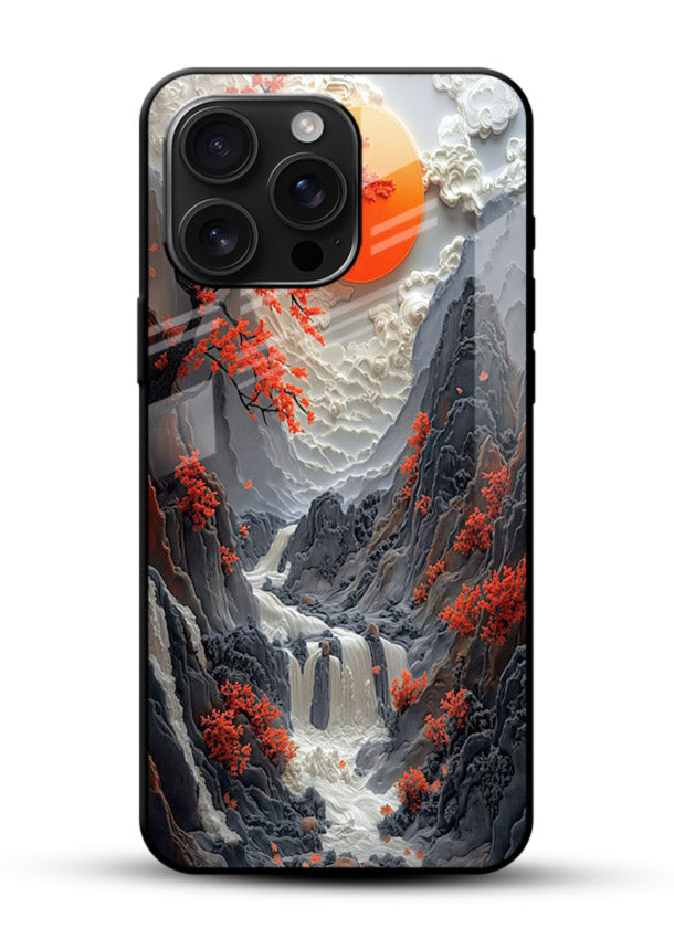 Red Maple Waterfall scenic waterfall artwork glossy vibrant premium glass back cover - Angle Front