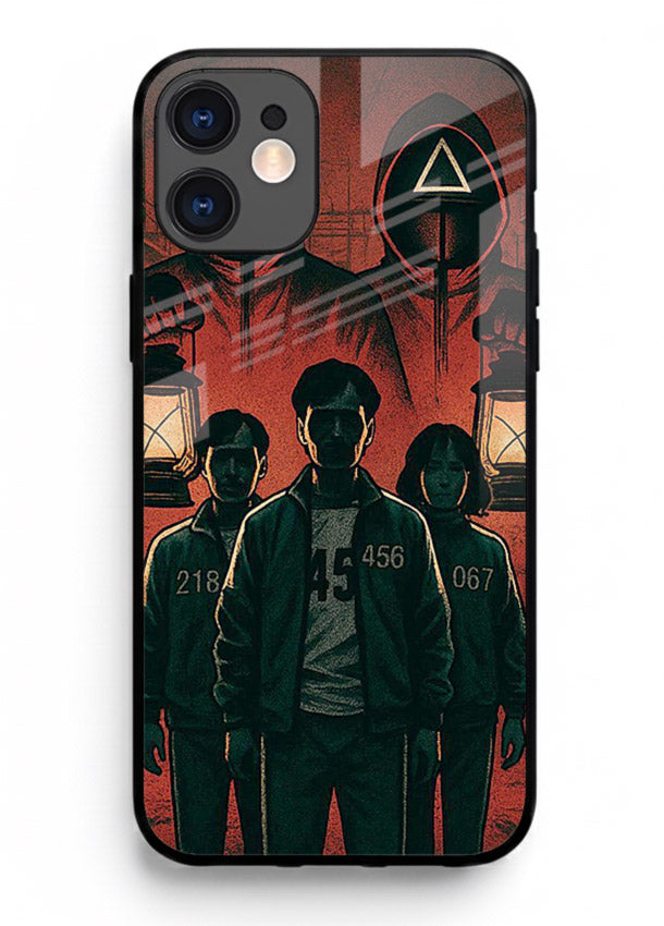 Red masked squad artwork printed on premium tempered glass iPhone 12 back cover
