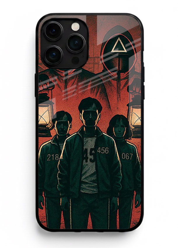 Red masked squad artwork printed on premium tempered glass iPhone 13 Pro Max back cover