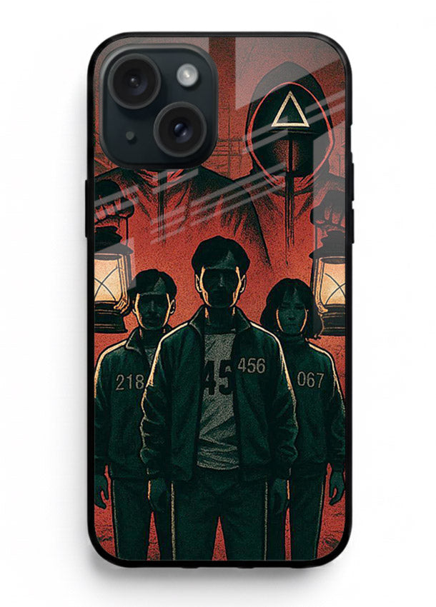 Red masked squad artwork printed on premium tempered glass iPhone 14 Plus back cover