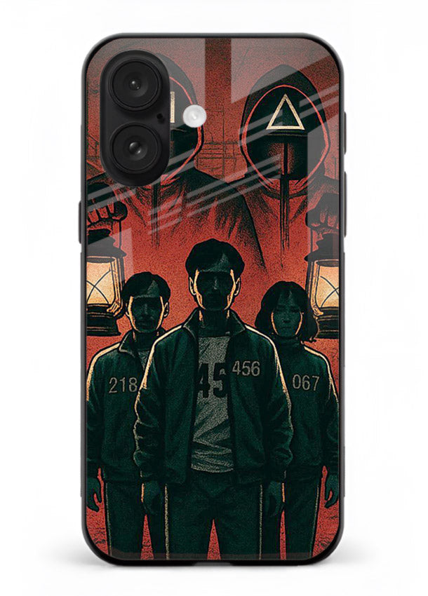 Red masked squad artwork printed on premium tempered glass iPhone 18 back cover