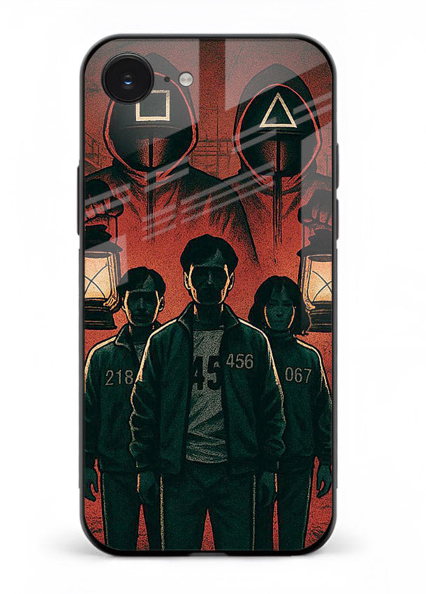 Red masked squad artwork printed on premium tempered glass iPhone 16E back cover