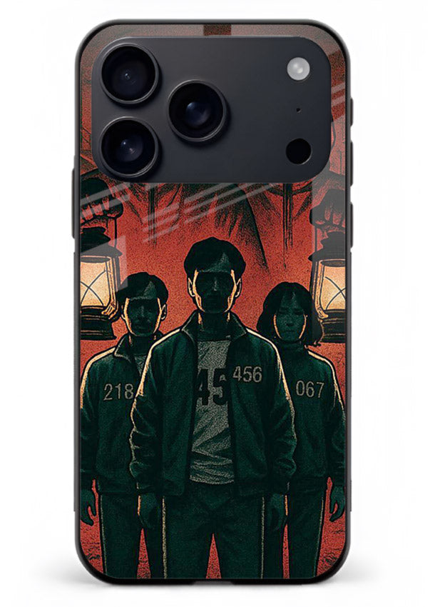Red masked squad artwork printed on premium tempered glass iPhone 17 Pro Max back cover