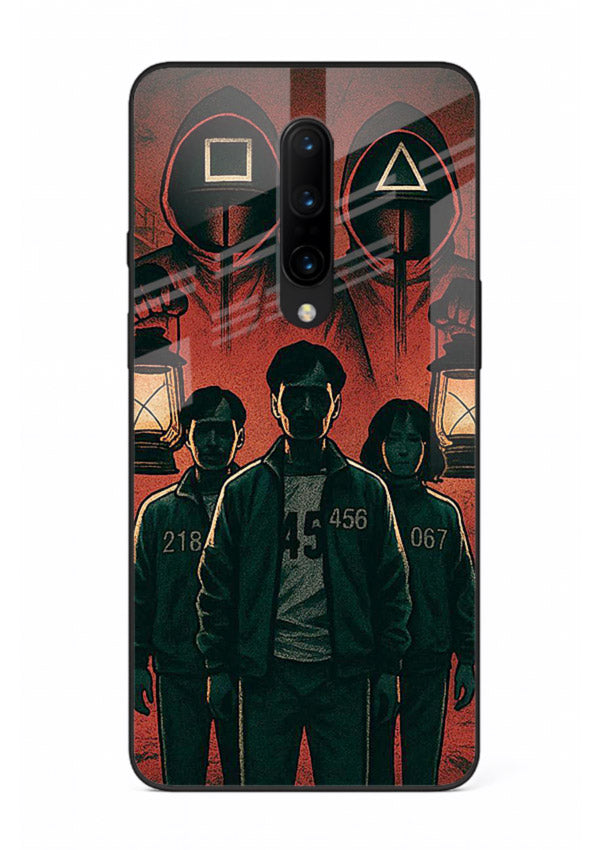 Red masked squad artwork printed on premium tempered glass OnePlus 7T Pro back cover