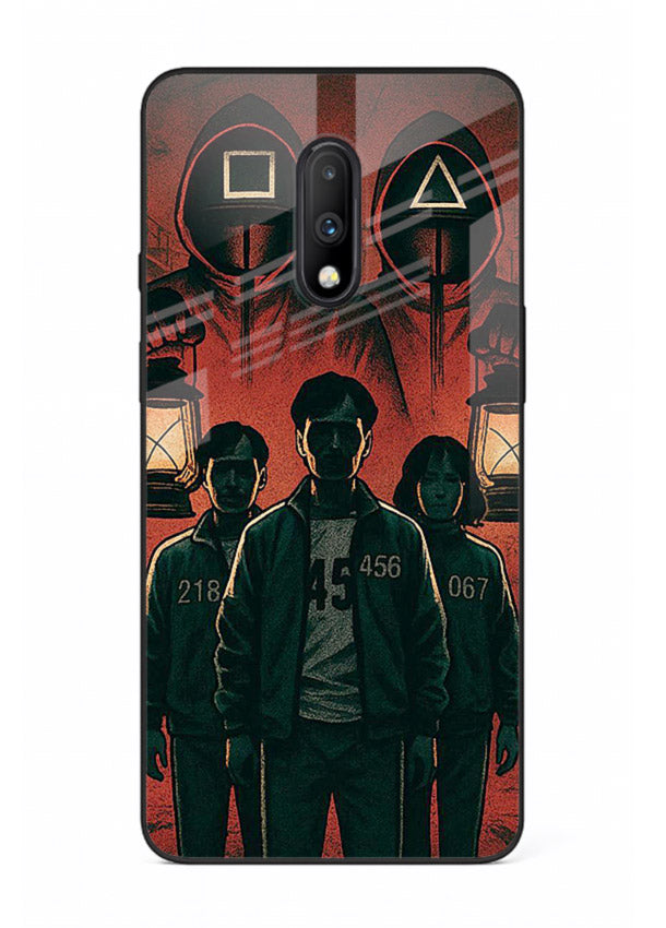 Red masked squad artwork printed on premium tempered glass OnePlus 7 back cover