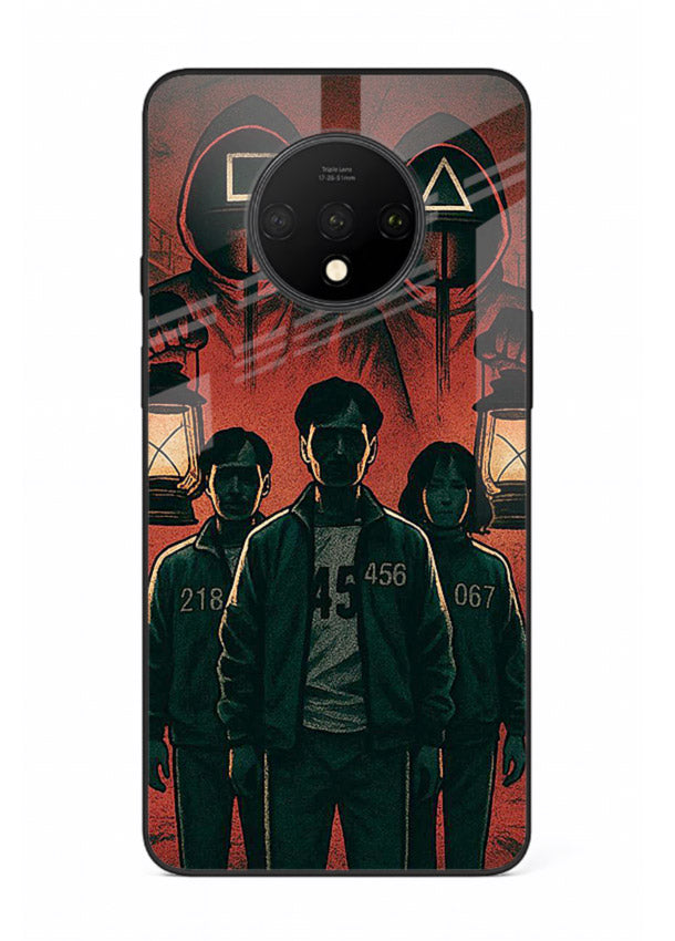 Red masked squad artwork printed on premium tempered glass OnePlus 7T back cover