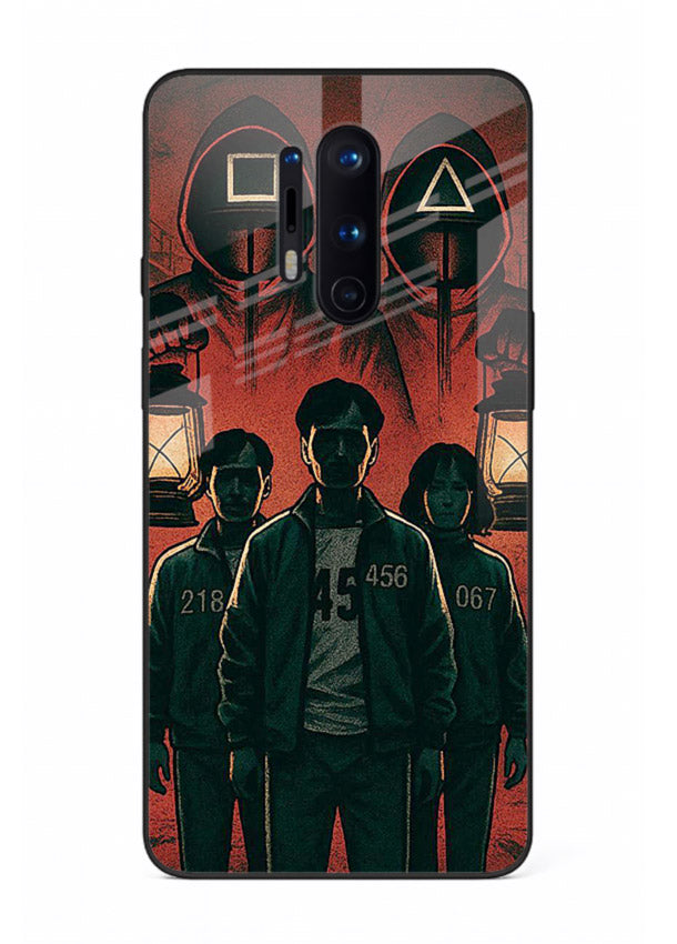 Red masked squad artwork printed on premium tempered glass OnePlus 8 Pro back cover