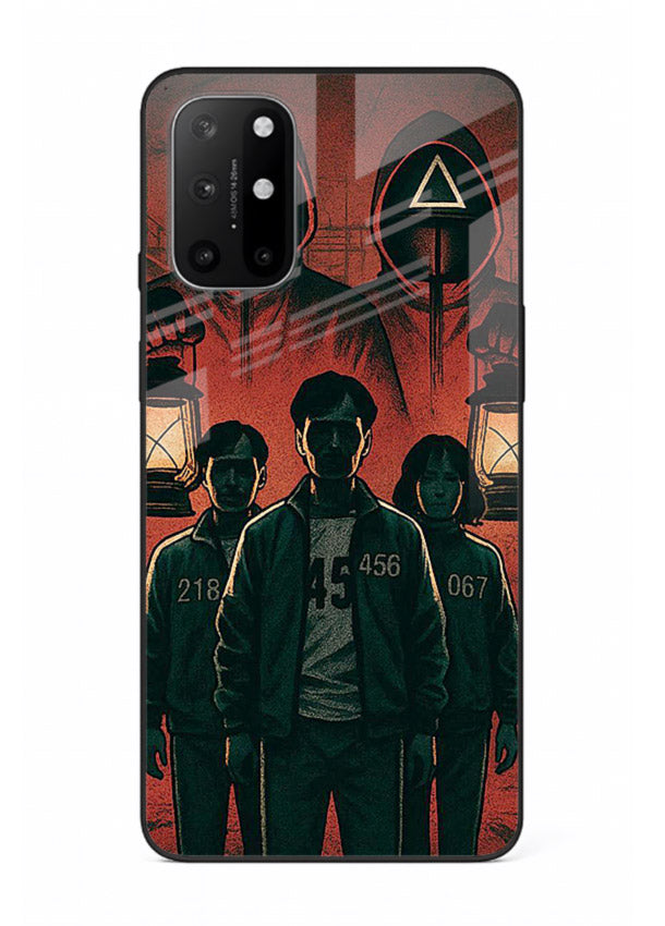 Red masked squad artwork printed on premium tempered glass OnePlus 8T back cover