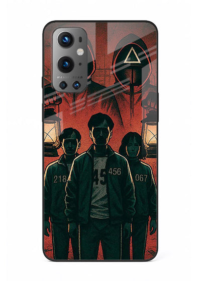 Red masked squad artwork printed on premium tempered glass OnePlus 9 back cover