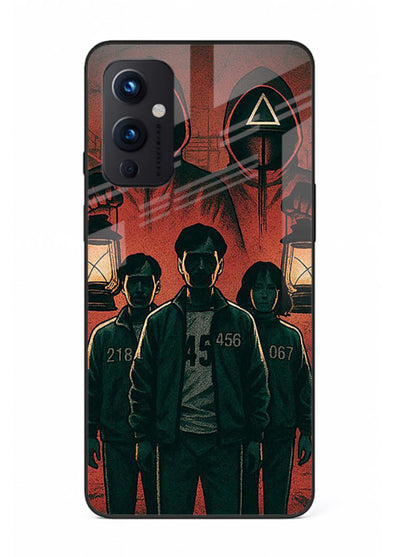 Red masked squad artwork printed on premium tempered glass OnePlus 9 Pro back cover