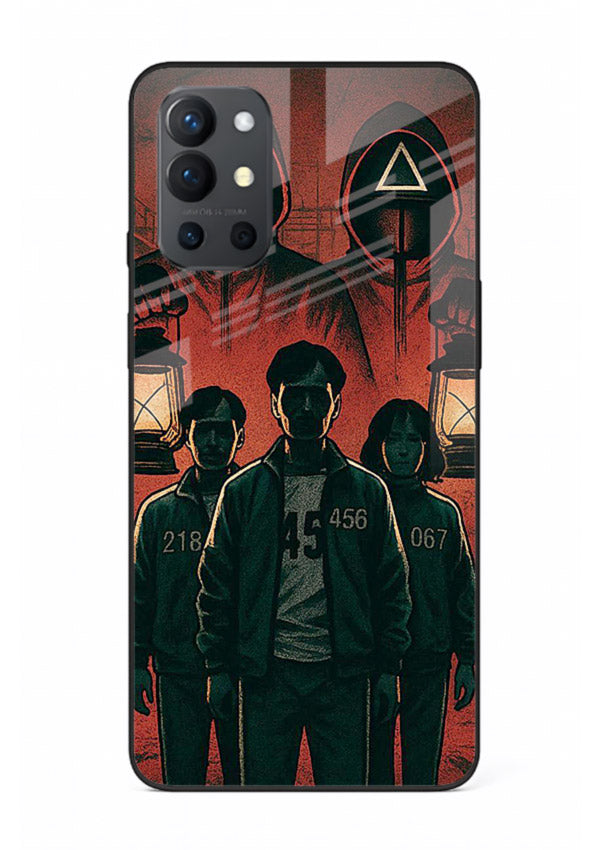 Red masked squad artwork printed on premium tempered glass OnePlus 9R back cover
