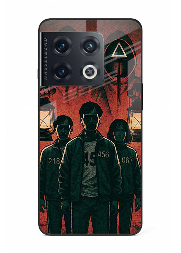 Red masked squad artwork printed on premium tempered glass OnePlus 10 Pro back cover