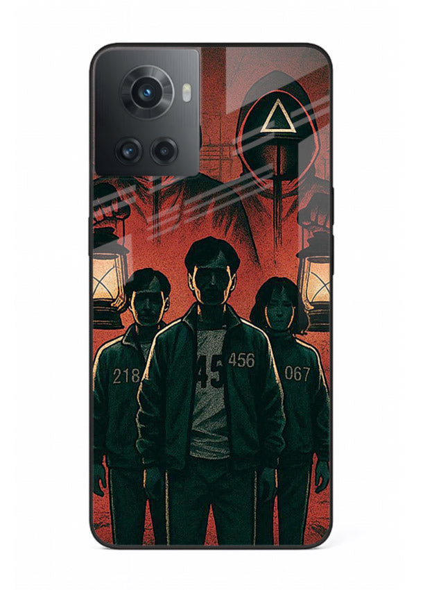 Red masked squad artwork printed on premium tempered glass OnePlus 10R back cover