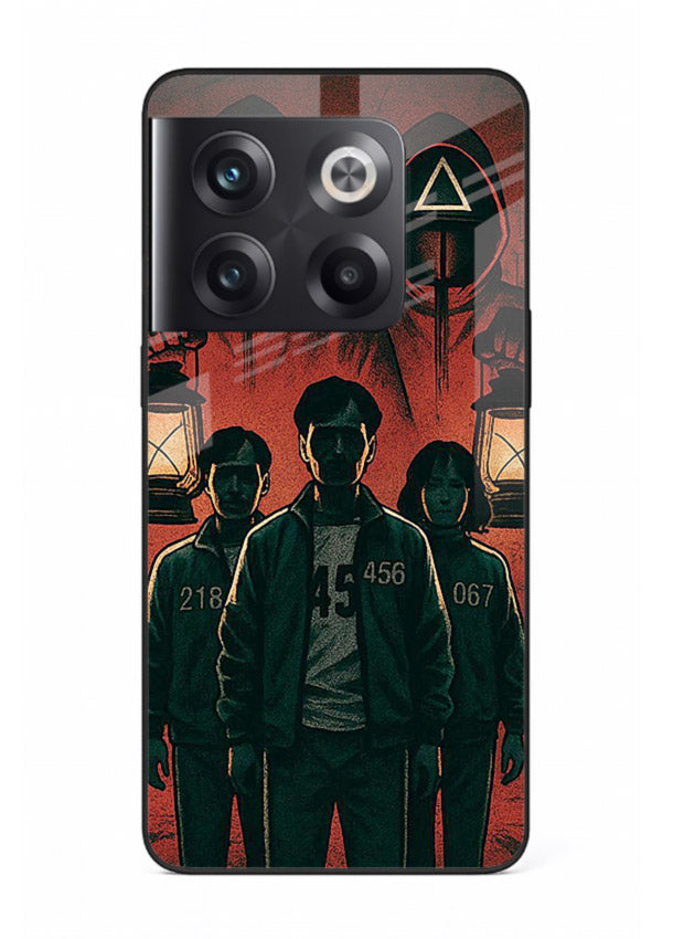 Red masked squad artwork printed on premium tempered glass OnePlus 10T back cover