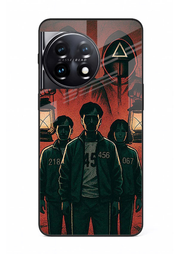 Red masked squad artwork printed on premium tempered glass OnePlus 11 back cover