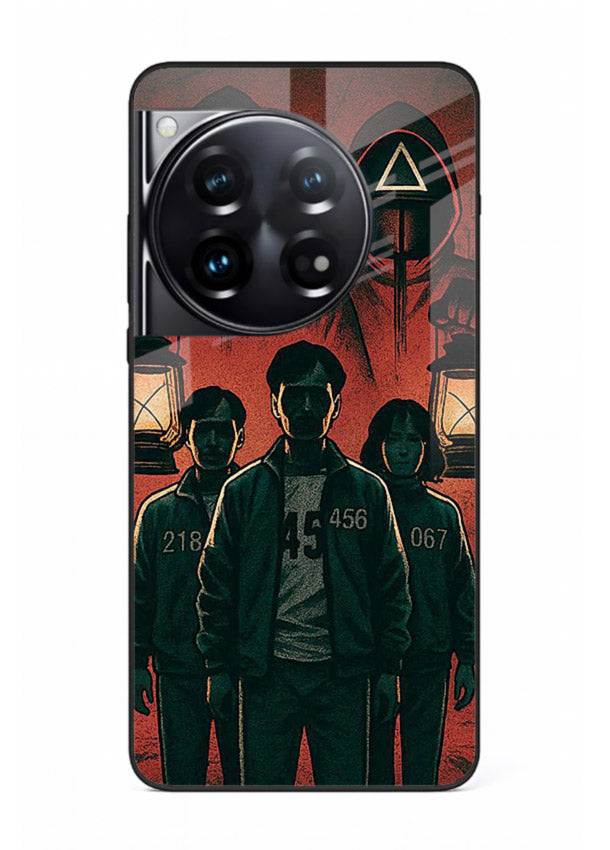Red masked squad artwork printed on premium tempered glass OnePlus 12 back cover