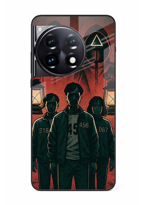 Red masked squad artwork printed on premium tempered glass OnePlus 12R back cover