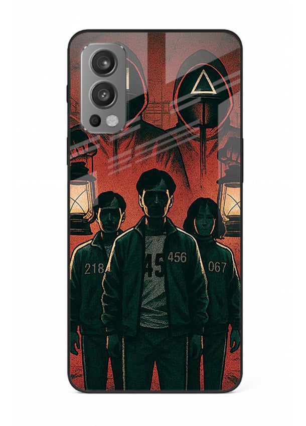 Red masked squad artwork printed on premium tempered glass OnePlus Nord 2 back cover