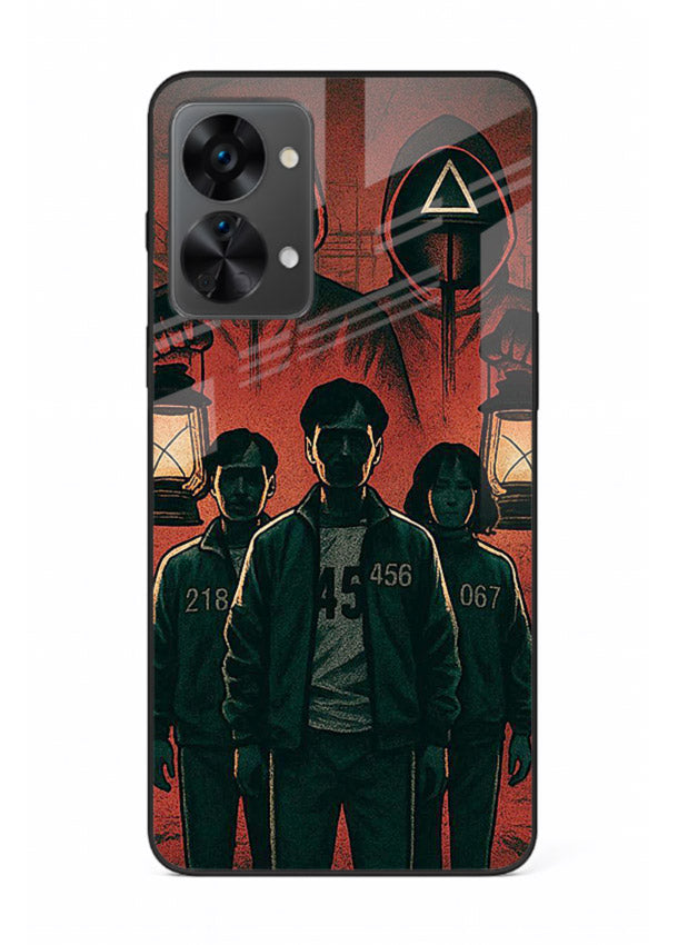 Red masked squad artwork printed on premium tempered glass OnePlus Nord 2T back cover