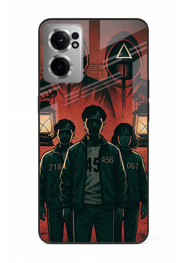 Red masked squad artwork printed on premium tempered glass OnePlus Nord CE2 5G back cover