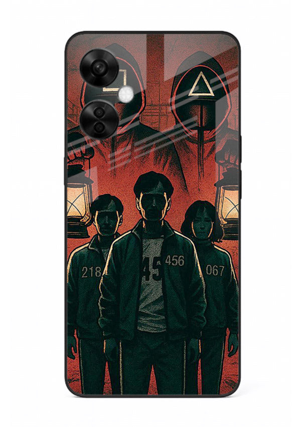 Red masked squad artwork printed on premium tempered glass OnePlus Nord CE3 Lite back cover