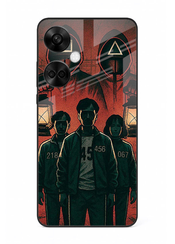 Red masked squad artwork printed on premium tempered glass OnePlus Nord CE3 back cover